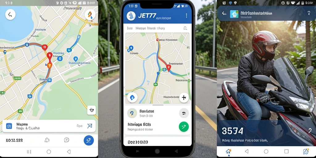 Antarmuka JET77 menampilkan peta dan informasi cuaca terkini untuk Navigasi Motor.