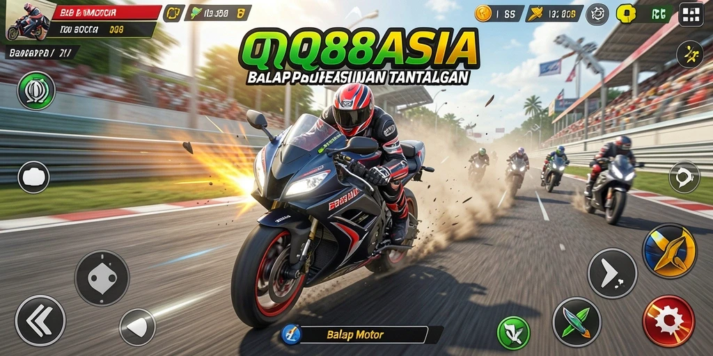 Tampilan antarmuka game balap motor QQ88ASIA yang memukau.
